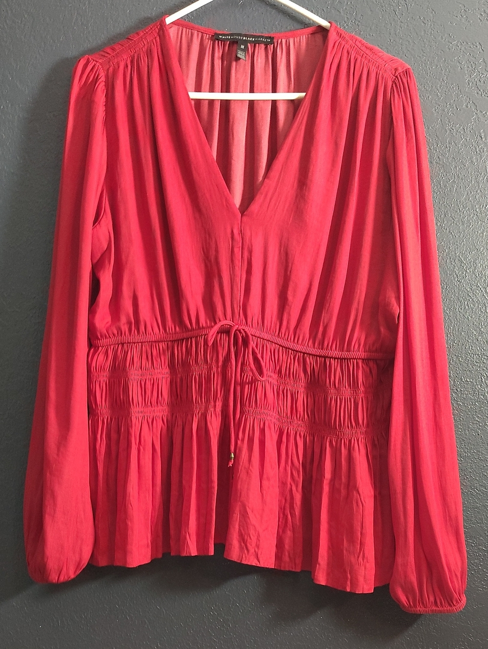 White House Black Market Red V-Neck Long Sleeve Drawstring Peplum Blouse